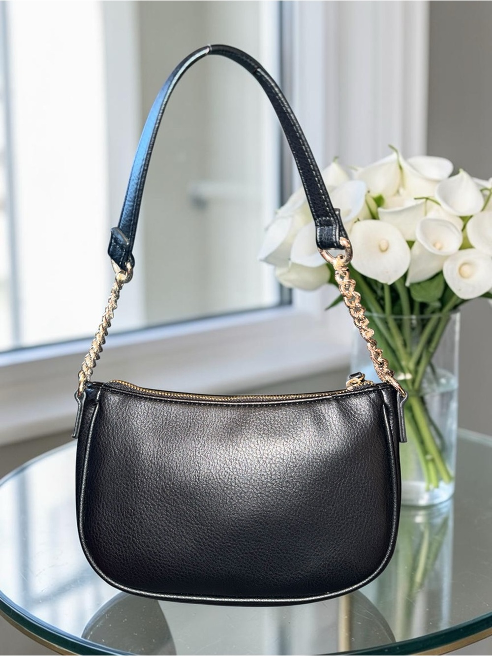 INC Classic Black Leather Shoulder Bag with Gold Chain Accent NWOT